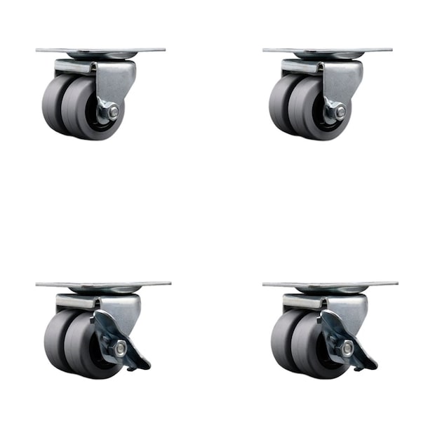 Low Profile Thermo 2'' Dual Wheel Top Plate Swivel Caster Set with 2 Brakes, 4PK